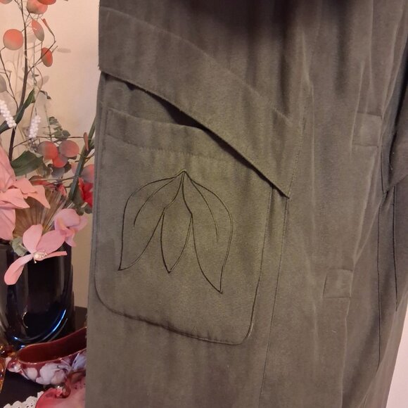 Preowned Utex Design Olive Green Warm Long Coat with Hood Windproof Outerwear - Picture 15 of 16